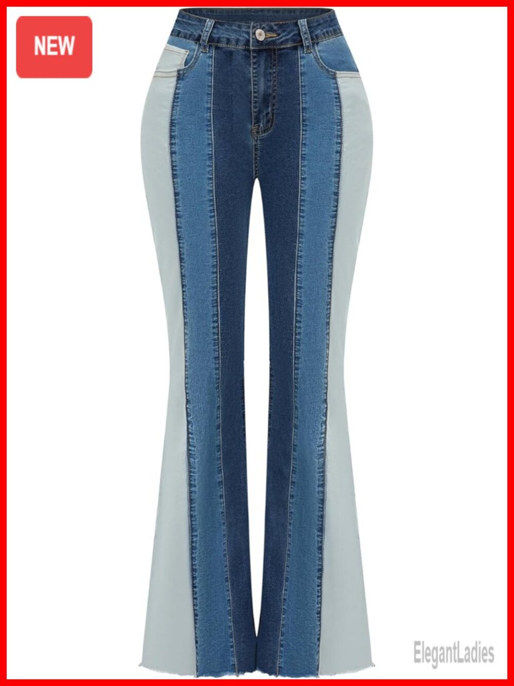 Women Patchwork Flare Jeans High Waisted Bell Bottom Raw Hem Stretchy Denim